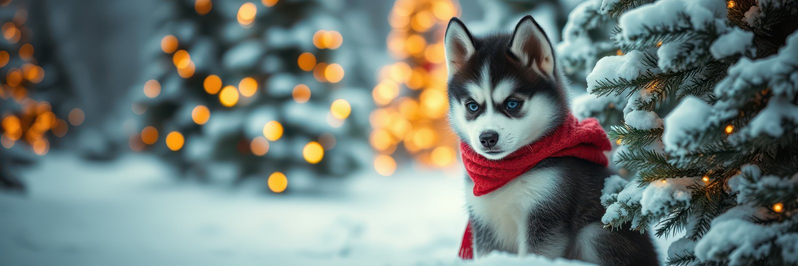 Husky puppy in a cozy red scarf surrounded by snowy Christmas trees on a winter evening